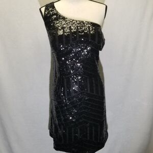 Ryanth 24 Dress One Shoulder Sequin Black Mini Cocktail New Year's Sparkle NEW